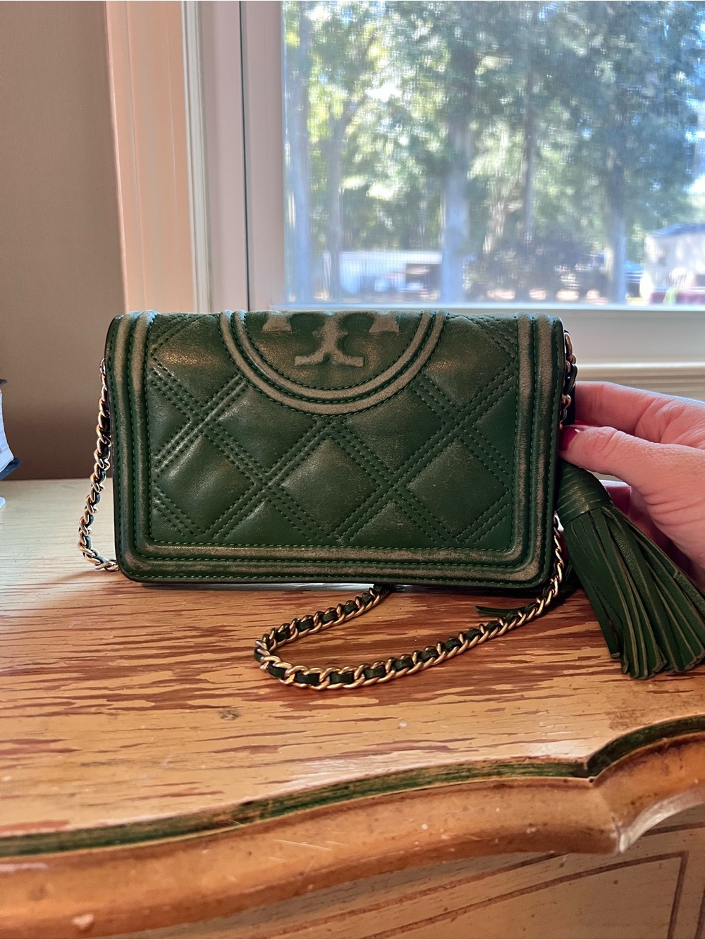 Tory Burch Green Quilted Leather Kira Crossbody with Tassel